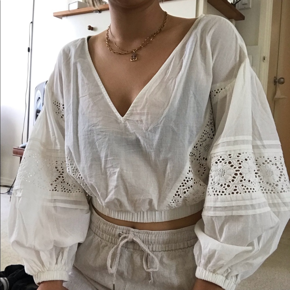 VNECK EMBROIDERY COTTON BLEND CROP TOP